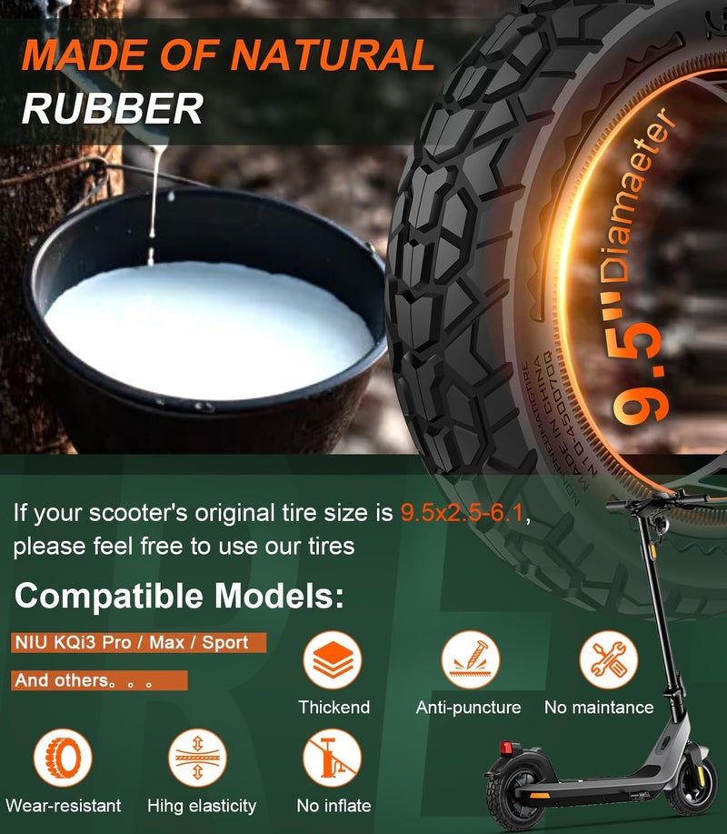 BANGTING إطارات سكوتر صلبة 2 عبوة 9.5x2.5-6.1 - بديل خالٍ من الثقوب لـ NIU KQi3 Pro/Max/Sport | قبضة على الطرق الوعرة وأمان ضد الثقوب (أسود) - Image 3